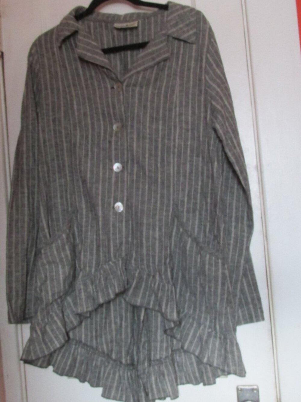 Goddess Gear Jacket Womens L Gray Striped Hemp Organic Cotton Ruffle Lagenlook